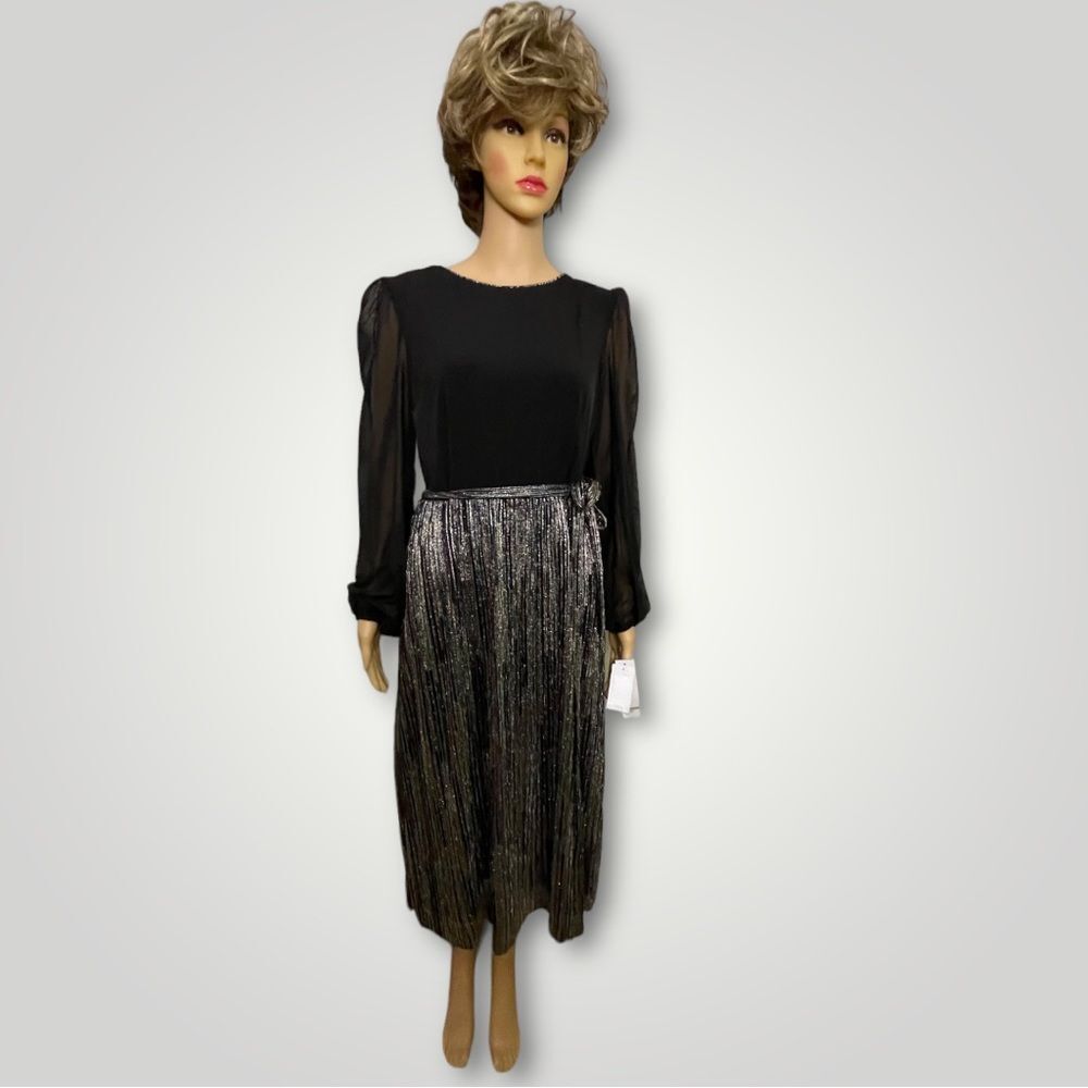 Leslie Fay Dress Black Bodice Sheer Sleeves Mult-Color Metallic